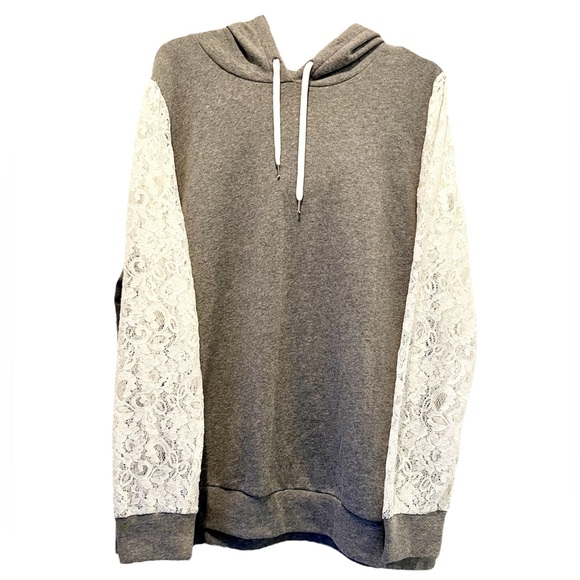 Torrid Gray Pullover Hoodie Sweatshirt White Lace Sleeves Soft Cozy Size 2 = 2X - Picture 1 of 8